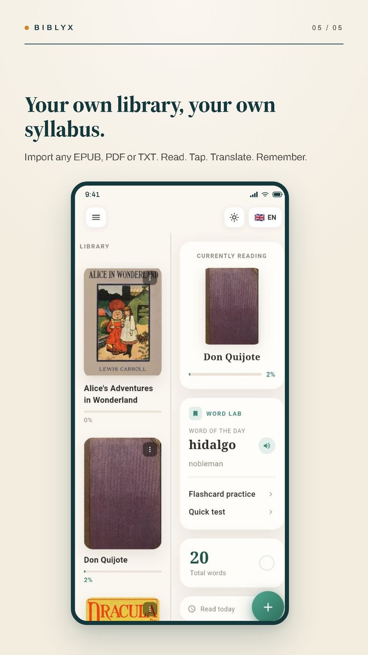 Biblyx home screen showing the user's book library and Word Lab summary