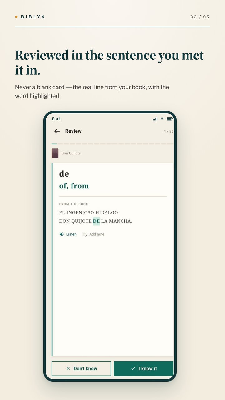 Biblyx flashcard showing the word ‘de’ with its meaning and the sentence from the book